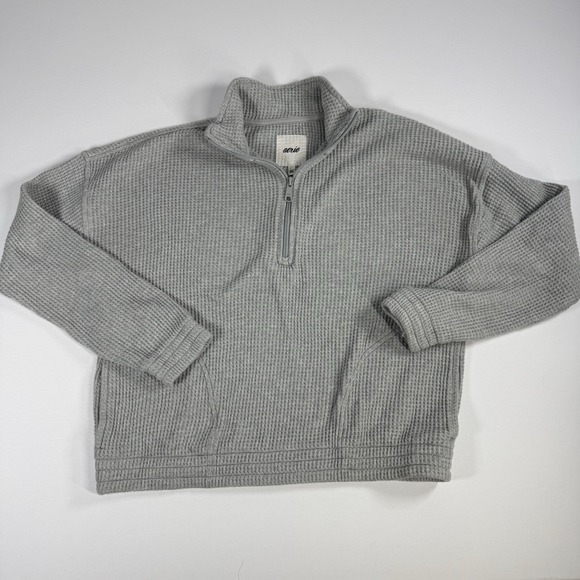 aerie Sweaters - Aerie Womens Small Gray Waffle Knit Quarter Zip Pullover Kangaroo Pocket